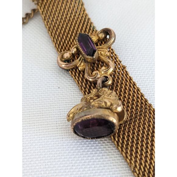 Antique Gold Fill Vest Pocket Clip Watch Chain Mesh Charm Victorian w/ Amethysts - Picture 5 of 12